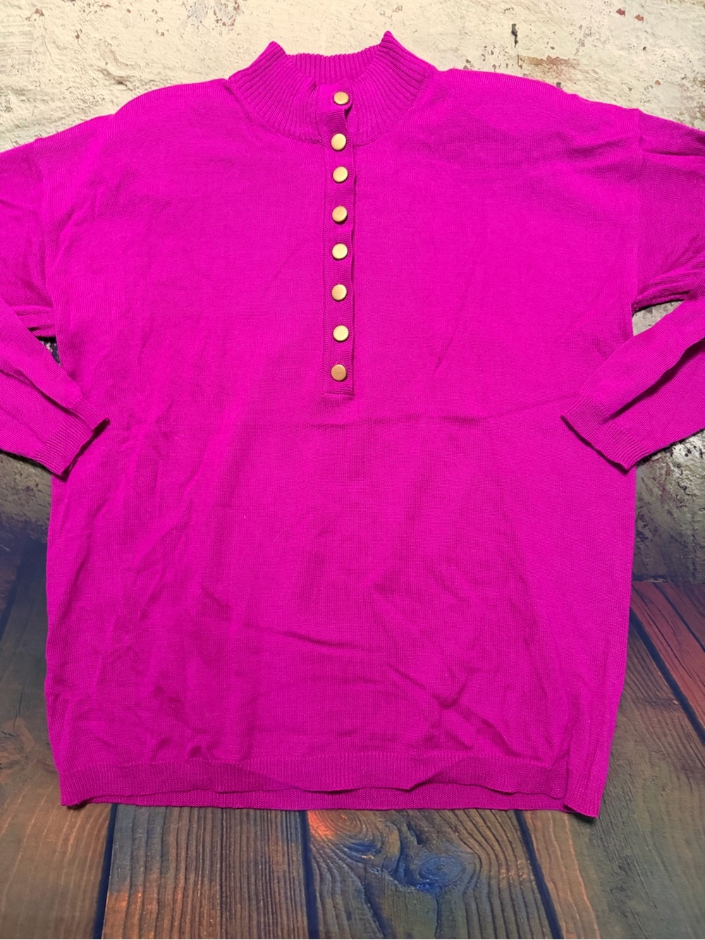 Women’s Fuchsia Mock-Neck Pullover Sweater with Gold Buttons by Outlander